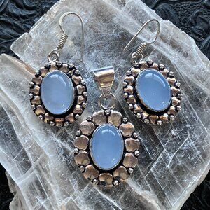 Blue Chalcedony Crystal Stone Jewelry Pendant and Earrings Set
